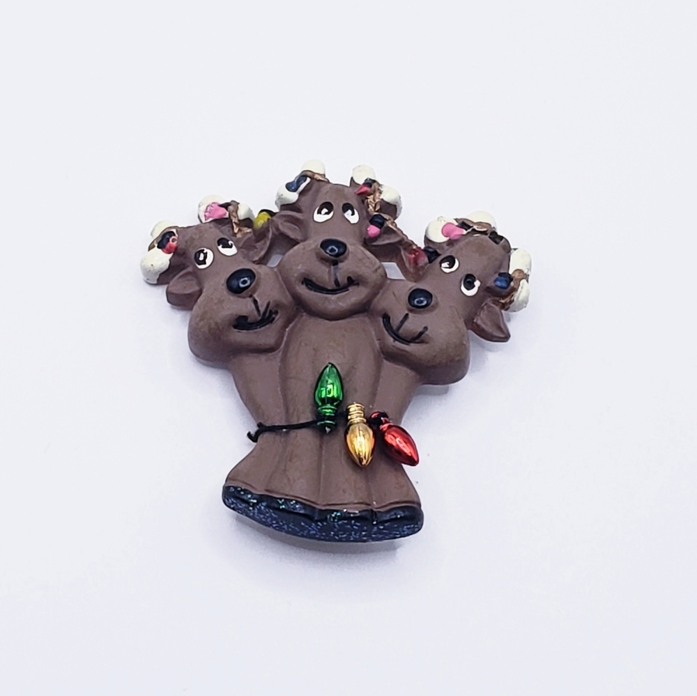Three Brown Reindeer Brooch with Colorful String Lights